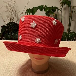 Vibrant Red Hat with White Sequined Beaded Floral Accents